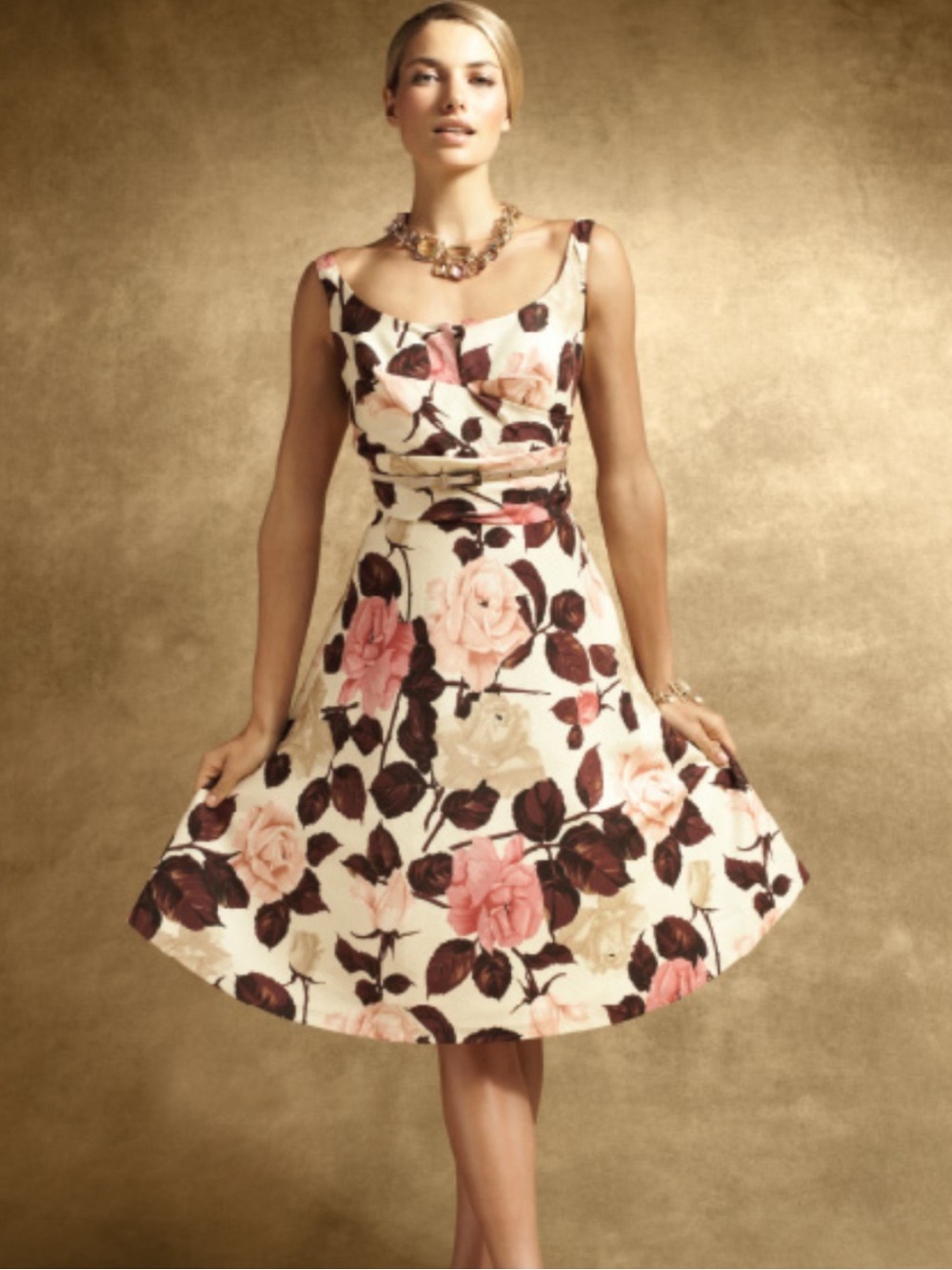 Talbots vintageFit-and-Flare Dress 6 and cardigan M in Cream with Pink Rose Prin